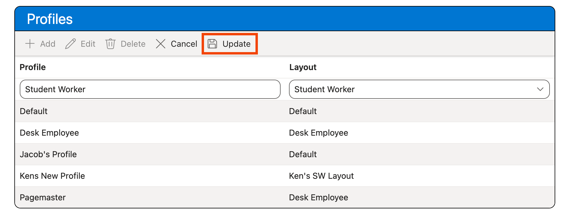 Update button on the Profiles grid